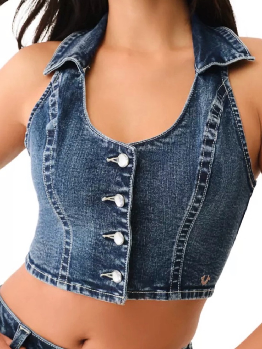 True Religion Denim Halter Vest Crystal Buttons sz M $NWT